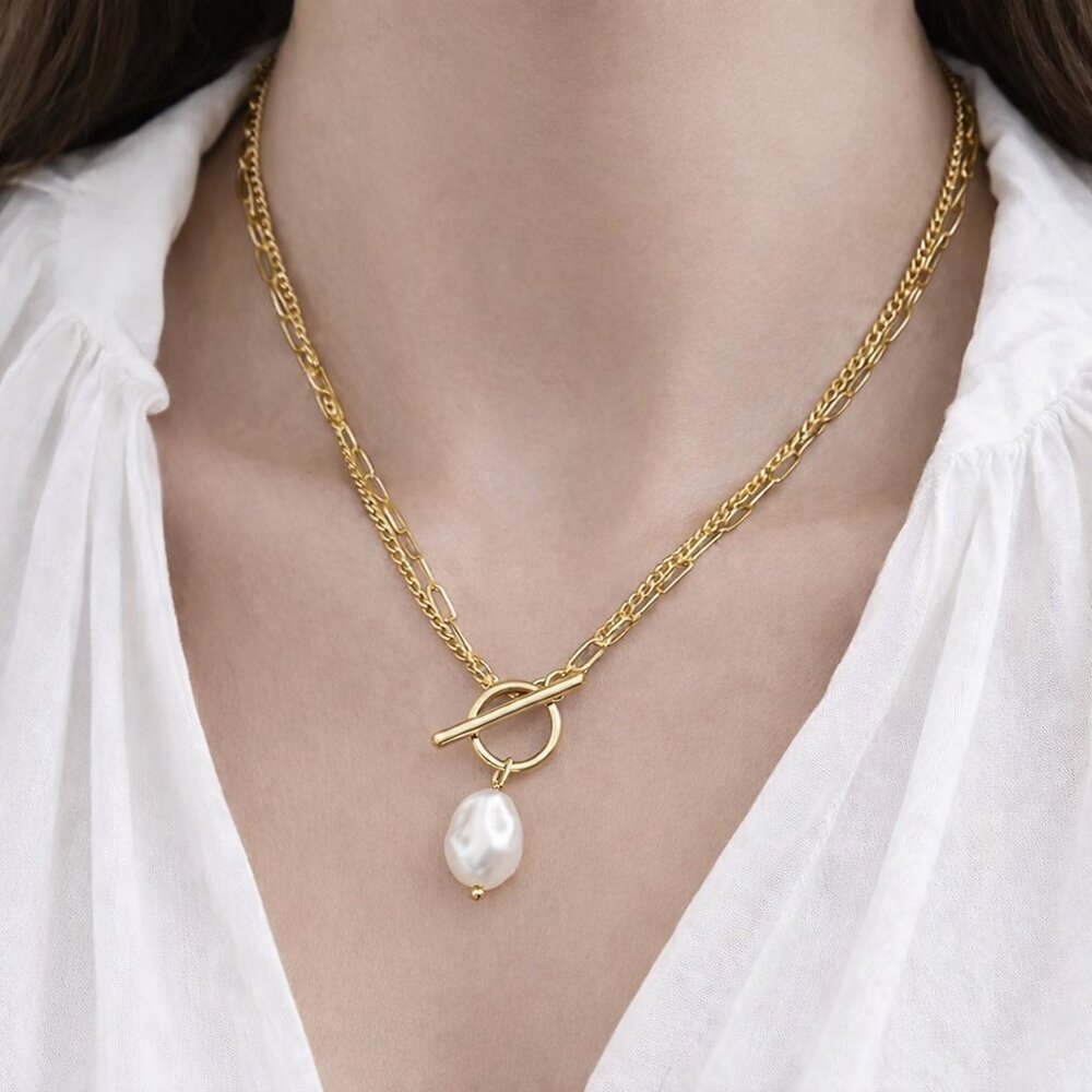 18K Gold Plated Steel Pearl Toggle Necklace Minimalist Water Resistant Gift - Picture 3 of 16